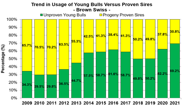 Trend in Usage of Young Bulls Versus Proven Sires - Brown Suiss